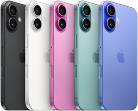 iPhone 16, back exterior, raised Advanced dual-camera system, Apple logo in centre, all five finishes, Black, White, Teal, Pink, Ultramarine