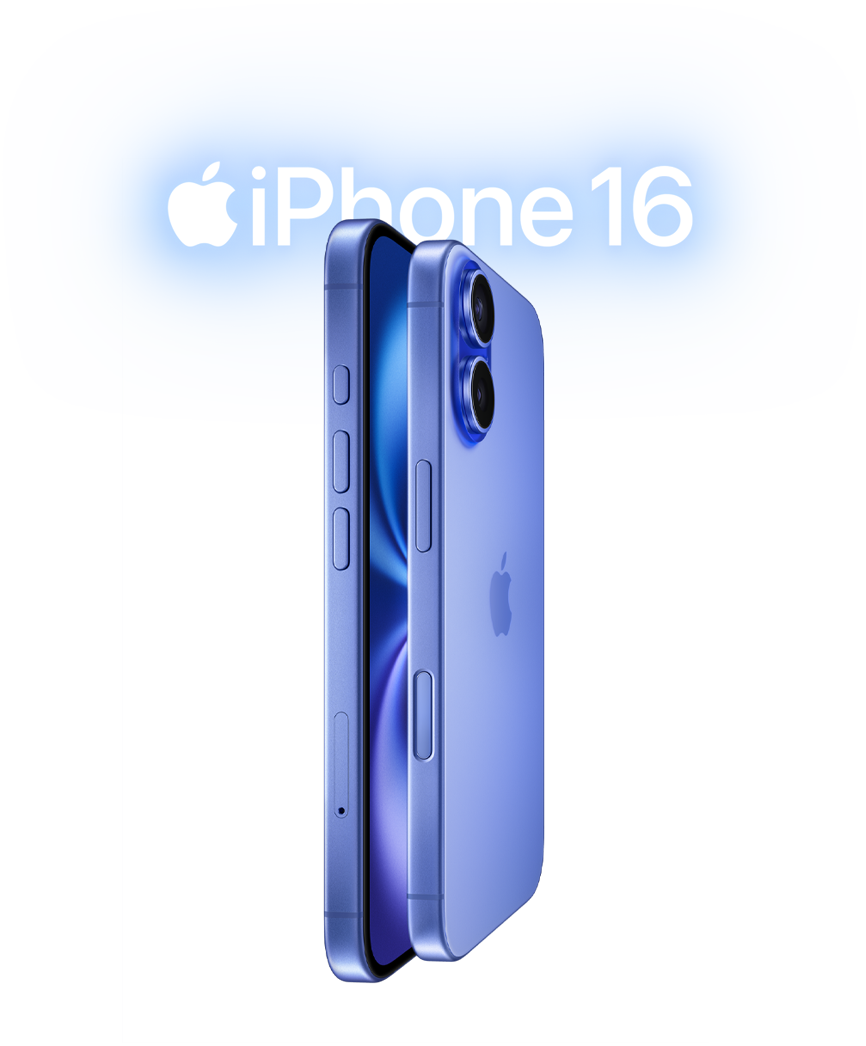 Two iPhone 16 devices, side exterior, stacked facing each other in Ultramarine finishes, volume buttons, Action button, Side button, Camera Control button, Apple logo in centre, raised Advanced dual-camera system