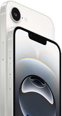 Side view of iPhone 16e in White finish, side exterior, action button, volume buttons and back Fusion camera